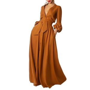 FKSP Mahogany Cognac Maxi Dress Linen Rayon Blend Button Down Belted Size XS NWT